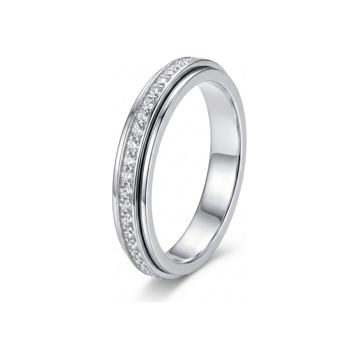 The Solace Ring in silver, spinner ring with crystal band