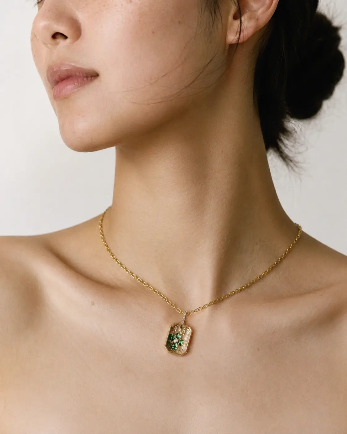 The Keepsake Locket, Emerald Crystal, worn