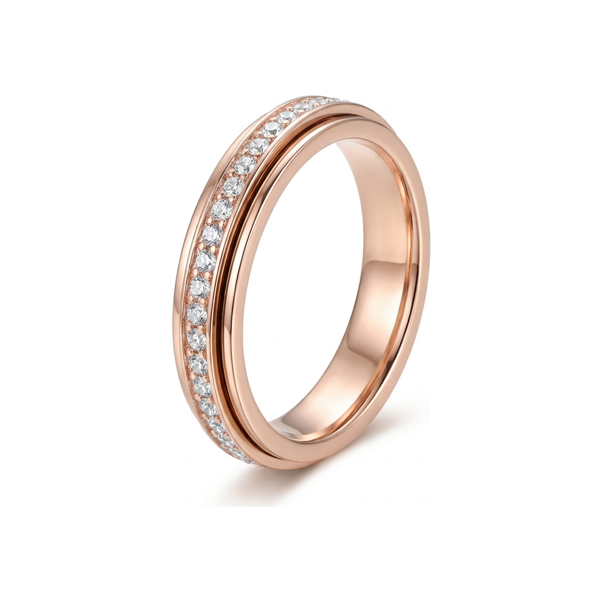 The Solace Ring in rose gold, spinner ring with crystal band