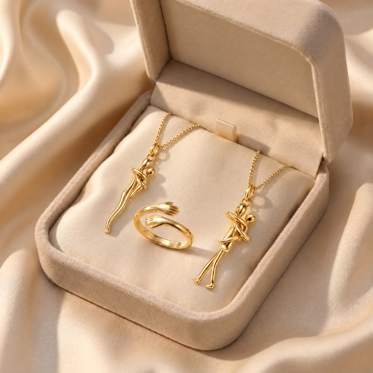 The Family Matching Set Mom and Kid plus Dad and Kid gold with Gold Hug Ring in jewelry box