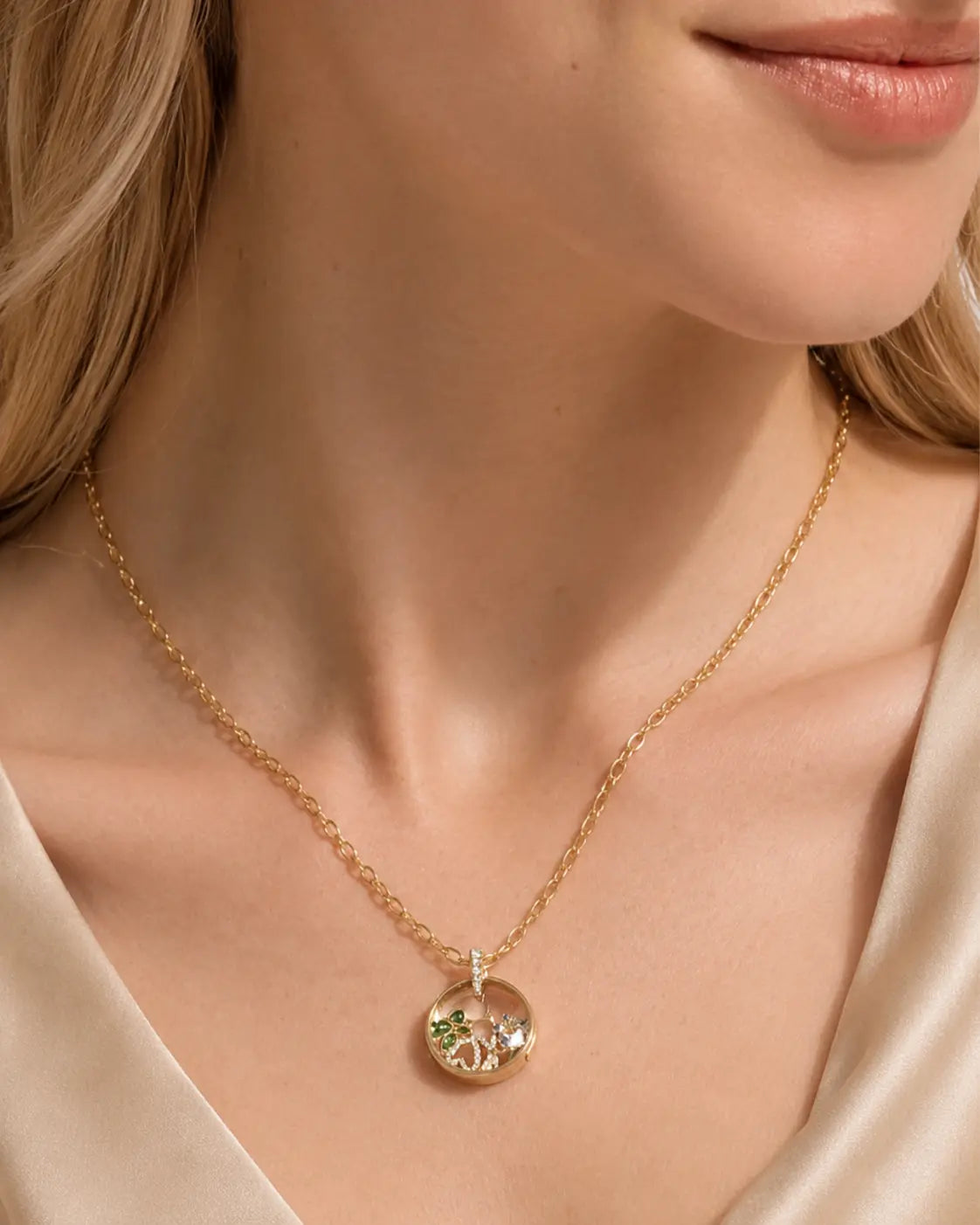 The Keepsake Locket, Halo Crystal, worn
