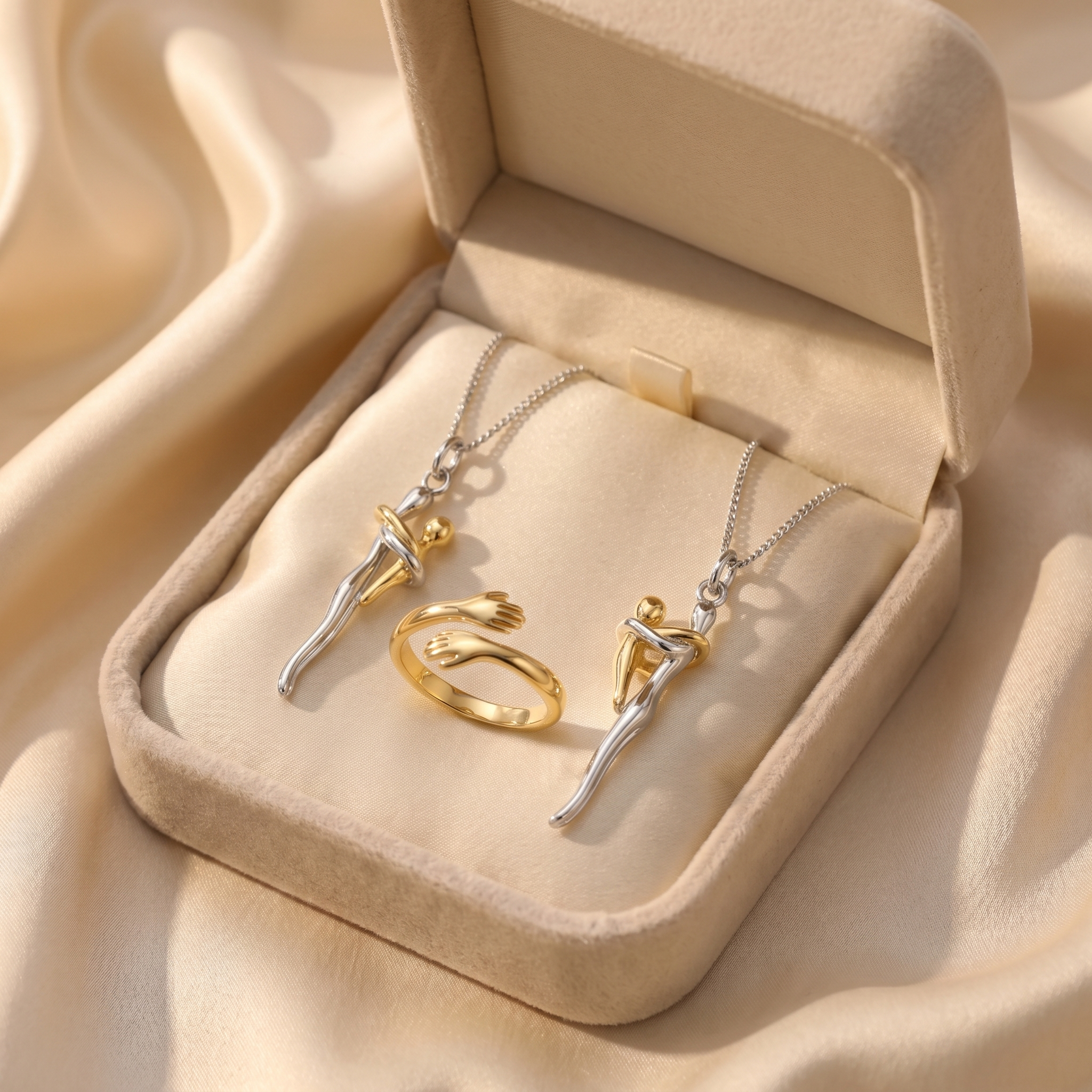 The Family Matching Set with two Embrace Necklaces and Gold Hug Ring in jewelry box