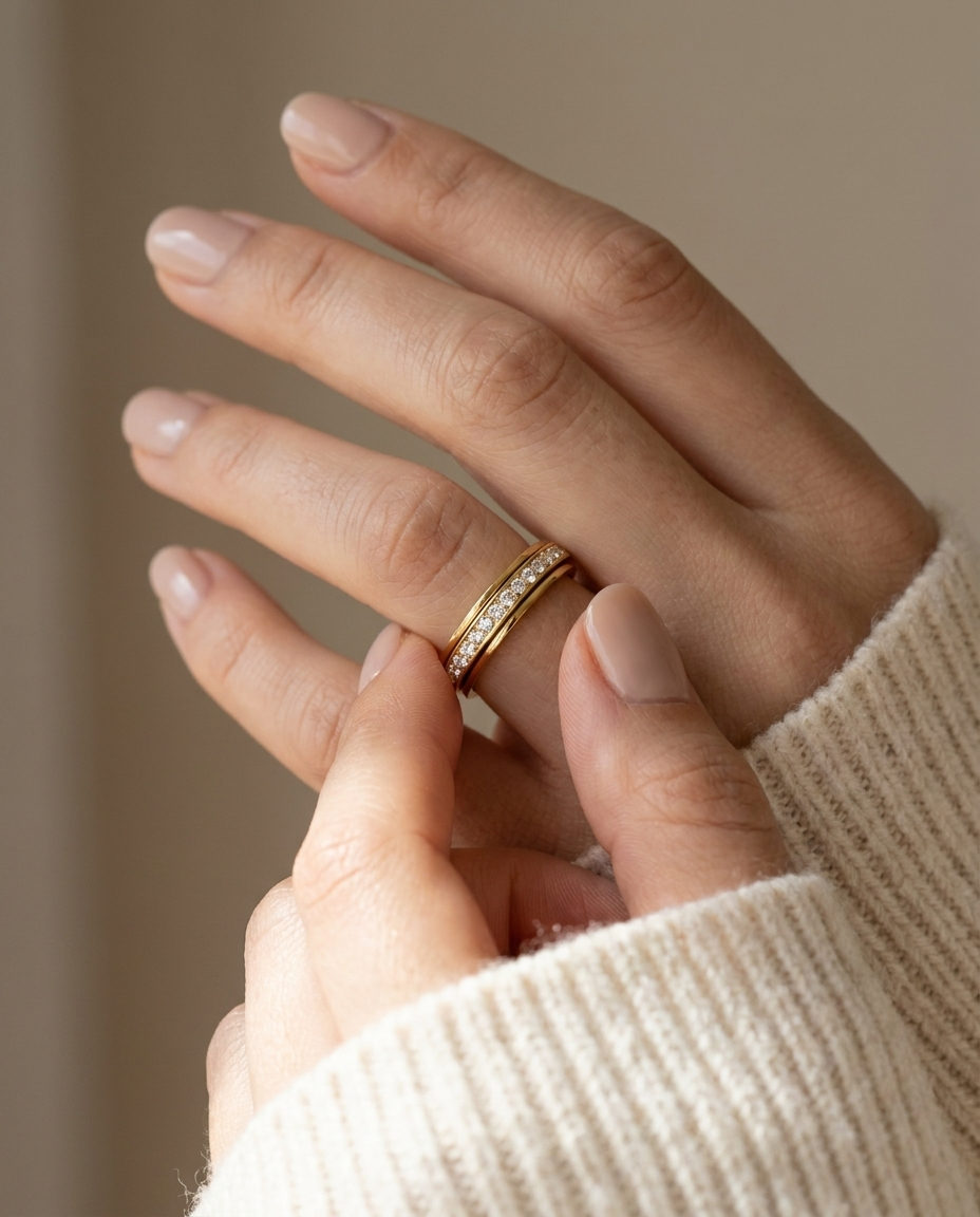 The Solace Ring in gold worn on the hand