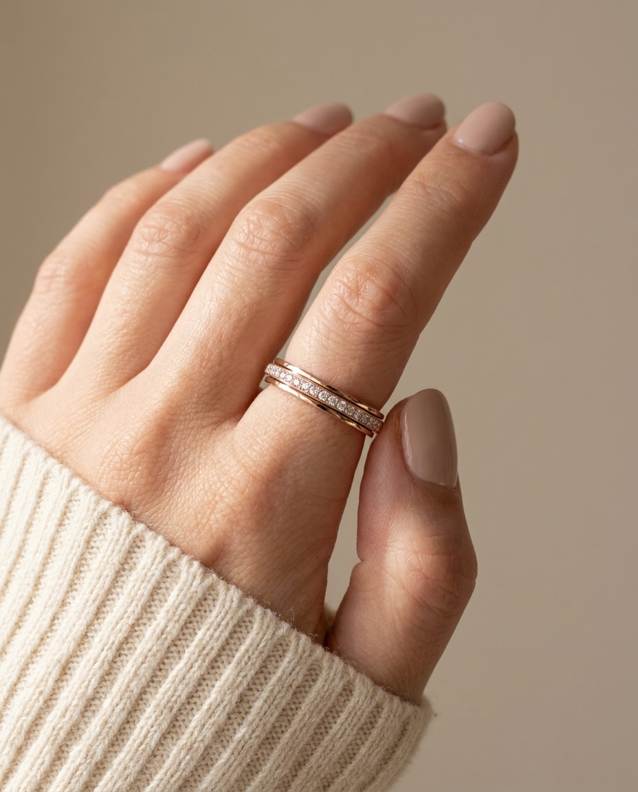 The Solace Ring in rose gold worn on the hand